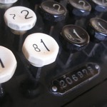 Shoebox Burroughs Calculator, keys and serial number close-up