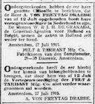 1915-07-27 De Telegraaf, Notice of a change in Dutch representative for Felt & Tarrant