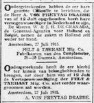 1915-07-27 De Telegraaf, Notice of a change in Dutch representative for Felt & Tarrant